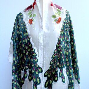 Silk Burnout Velvet Peacock Shawl Wrap Scarf